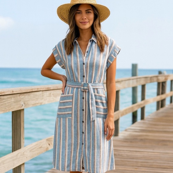 Monteau Linen Blend Womens Dress Size Small Button Belted Collar Blue Strip Midi - Picture 1 of 8